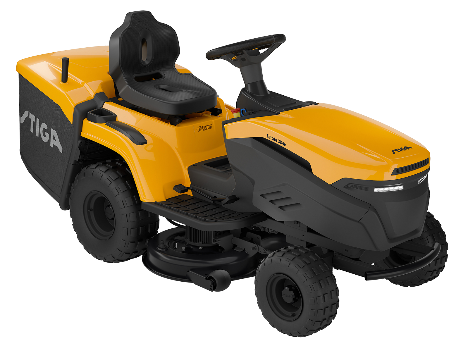 Tracteur de pelouse Estate 384e avec chargeur 5A, batterie non incluse.