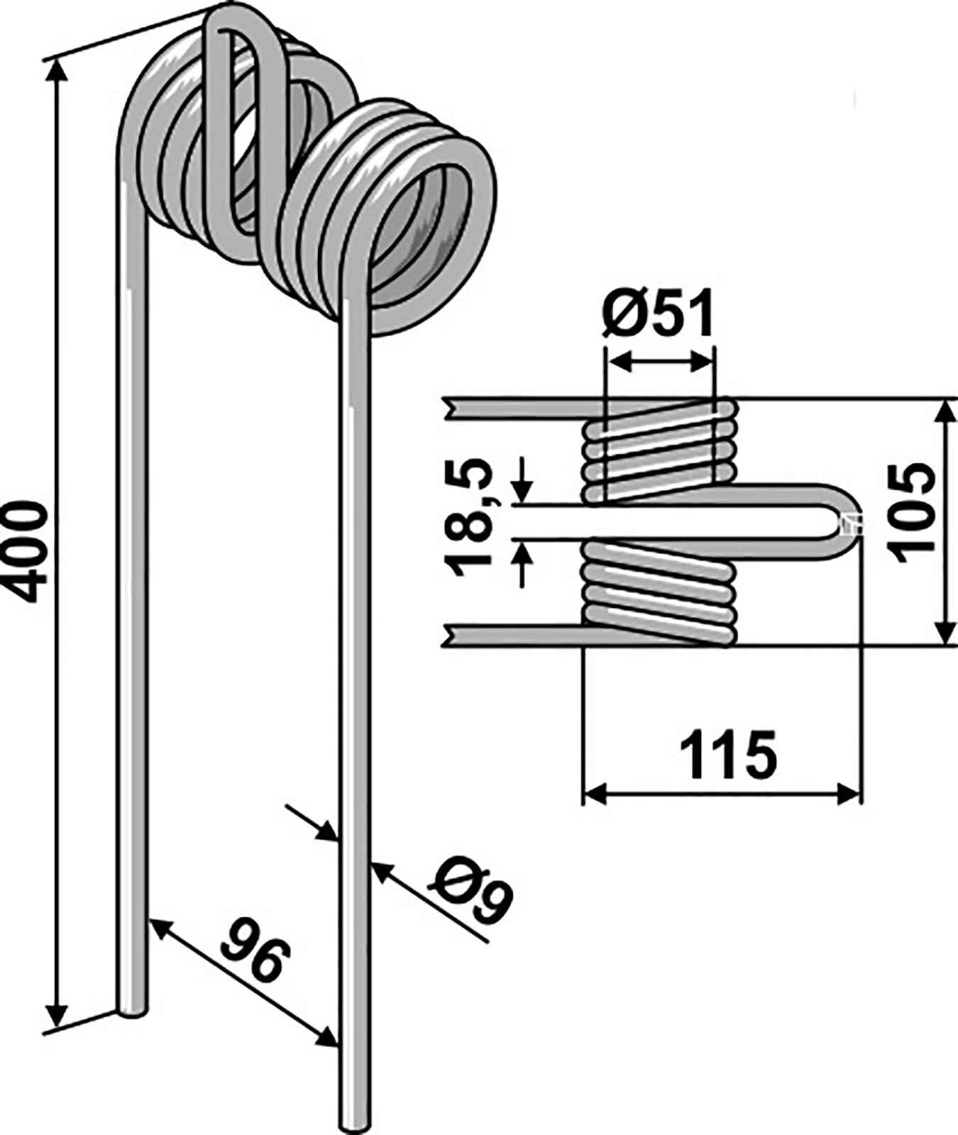 Striegelzinke Ø9 mm, Länge 400 mm, anstelle Vogel & Noot SP629005