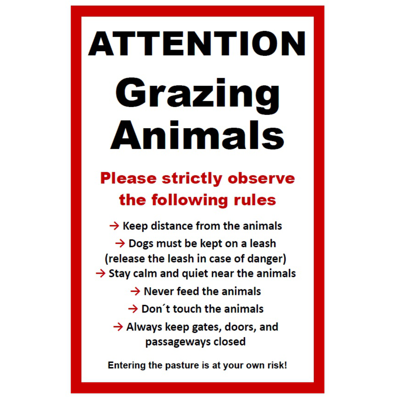 Schild Freilaufende Weidetiere Englisch