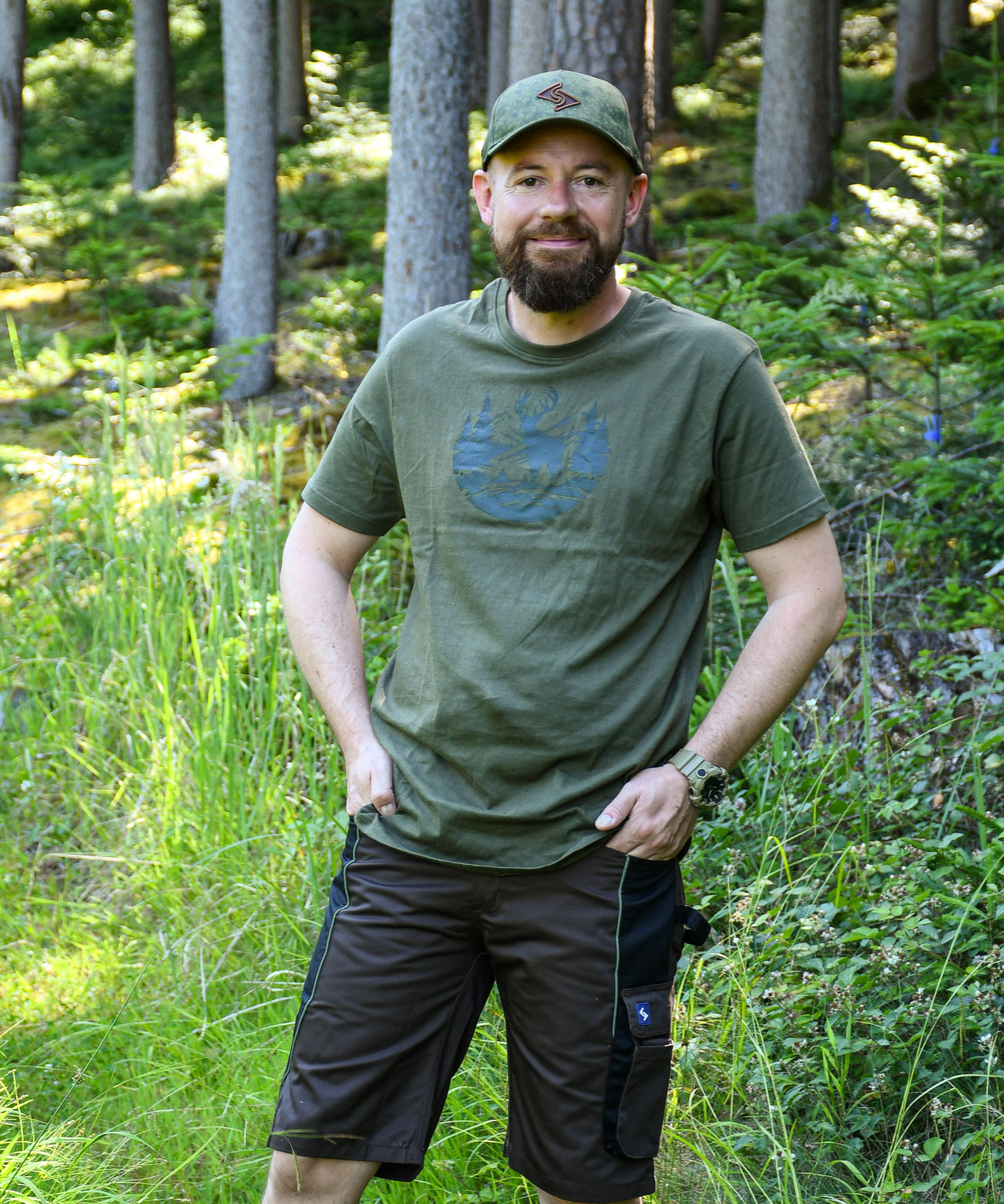 T-Shirt Jagd Hirschmotiv dunkeloliv