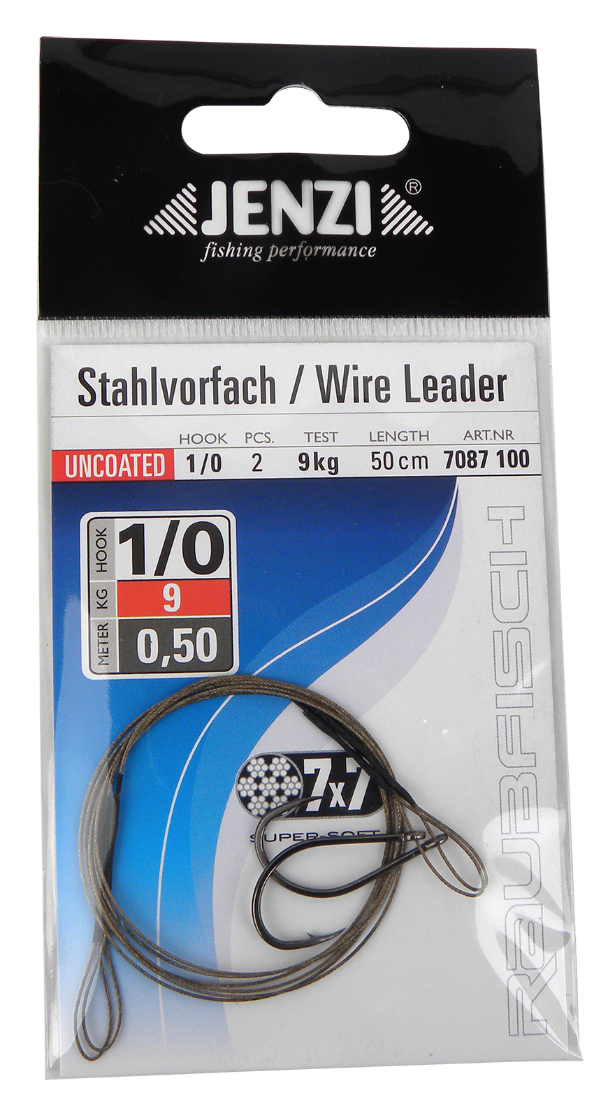 Bas de ligne en acier inoxydable 7 x 7 / 9 kg, 2 hameçons taille 1/0